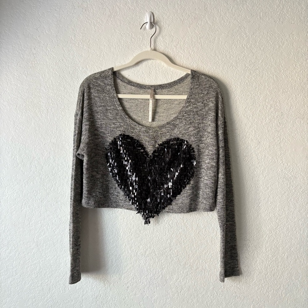 The Classic Gray Crop Top with Black Sequin Heart
